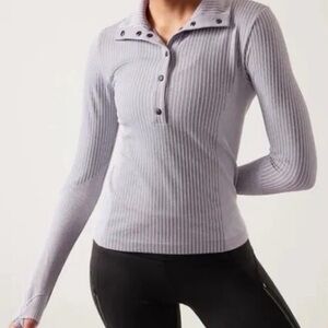 Athleta Flurry Seamless Gray Striped Button Down Shirt